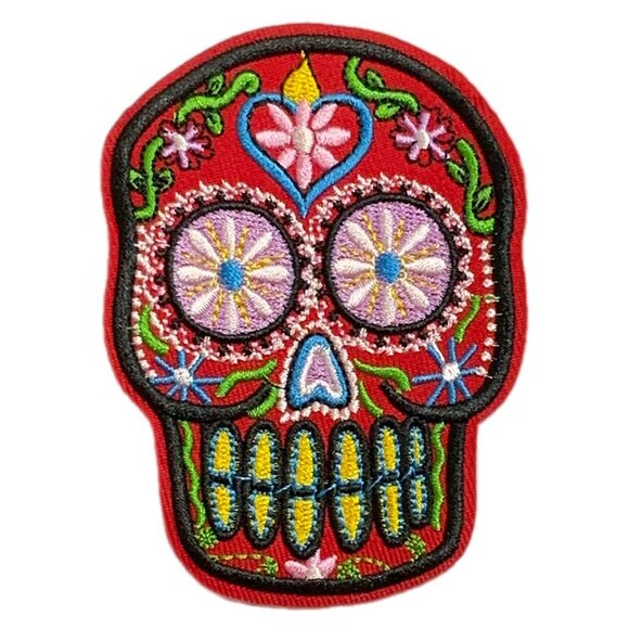 Red Pink Sugar Skull Iron on Patch Embroidered Heart Floral Dia de los Muertos - Picture 4 of 5